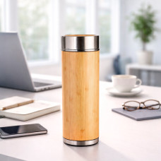 Garrafa Térmica 350ml em Bambu com Infusor e Inox 304 Personalizada | Brinde Corporativo Premium