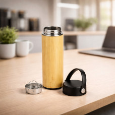 Garrafa Térmica Bambu 400ml com Infusor em Inox - Brinde Corporativo Premium