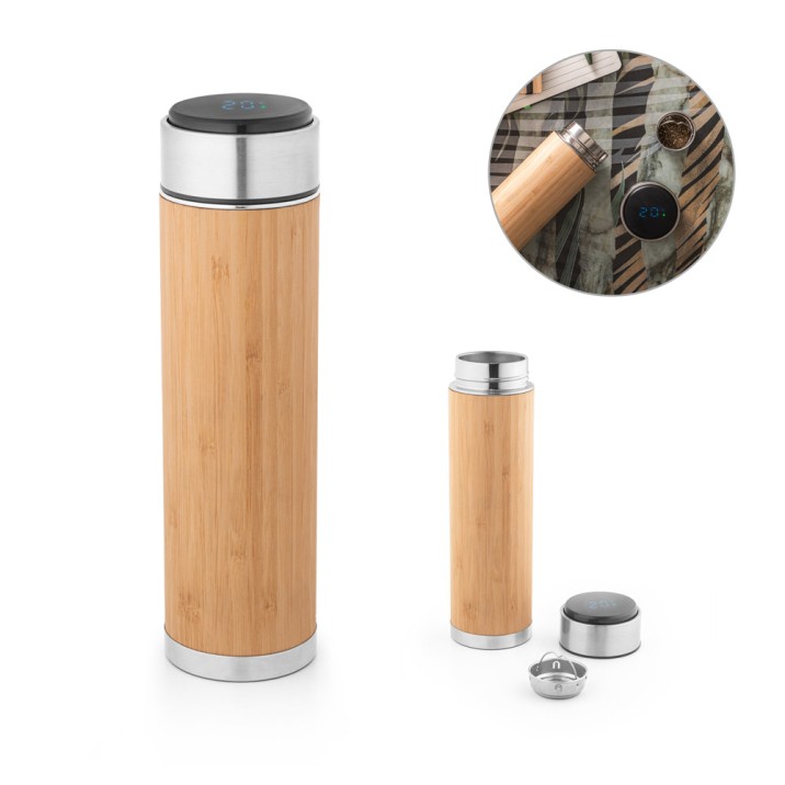 Garrafa Térmica Inox e Bambu Termómetro 430 ml Personalizada Frete Grátis  - Mínimo 10