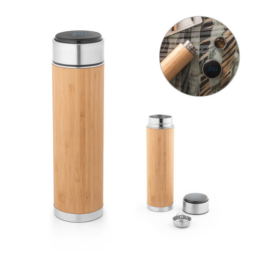 Garrafa Térmica Inox e Bambu Termómetro 430 ml Personalizada Frete Grátis - Mínimo 10 Garrafa Térmica Inox e Bambu Termómetro 430 ml Personalizada Frete Grátis - Mínimo 10